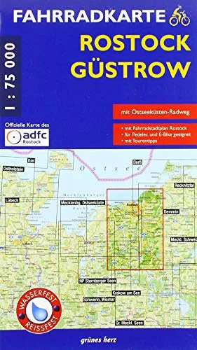 Fahrradkarte Rostock, Güstrow: Mit Fahrrad-Stadtplan Rostock (Maßstab 1:20.000). Mit Ostseeküsten-Radweg. Offizielle Karte des ADFC-Regionalverbandes ... Wasser- und reißfest. (Fahrradkarten)
