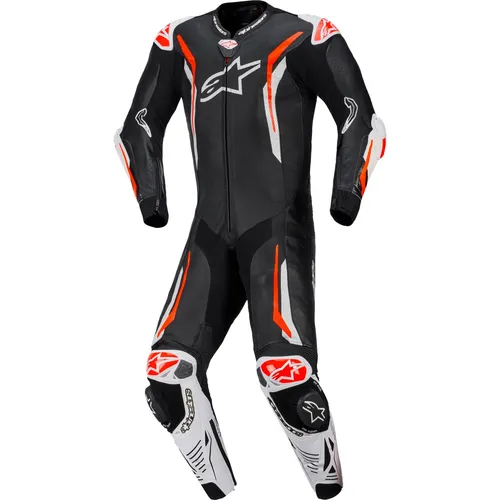 Alpinestars GP Tech V5 Lederkombi 1tlg. perforiert - Schwarz/Weiß/Neon-Rot - 52 - Motorradkombis mit überlegener Abriebfestigkeit und optimierter Aerodynamik. Perfekt für Rennfahrer, bietet maximale Bewegungsfreiheit und Schutz durch integrierte Tech-Air® Airbags.