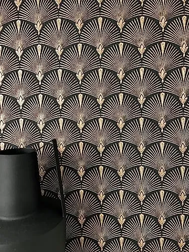Newroom Vliestapete Elwin Black - Modern Fächer Design - Elegante Vliestapete in Schwarz mit glänzenden goldenen Ornamenten, ideal für Schlafzimmer, Wohnzimmer oder Küche. Wasser- und dampfbeständig, perfekt für jedes Zuhause.