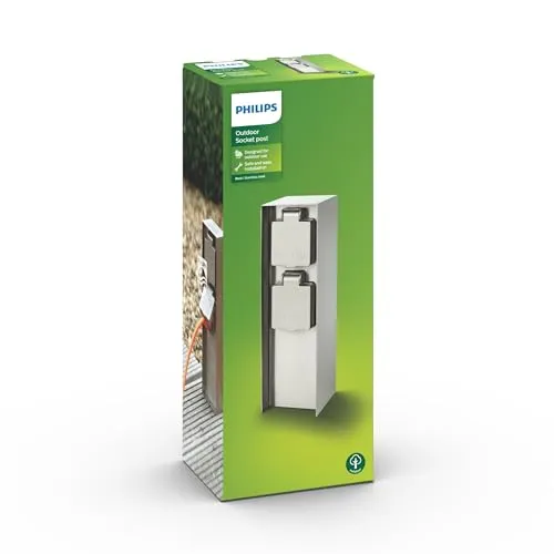 Philips Rock Outdoor Doppelsteckdose - Wetterfeste Edelstahl-Doppelsteckdose mit 2 Steckern, optimale Stromversorgung für LED Beleuchtung im Außenbereich
