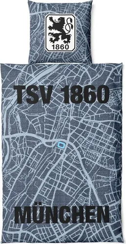 TSV 1860 München Bettwäsche Set mit Stadtplan ** 2-teilig, 135 x 200 cm - Bettwäsche-Set mit TSV 1860 München Motiv und Stadtplan-Abbildung, aus 100% Baumwolle für optimalen Schlafkomfort und perfekte Passform.