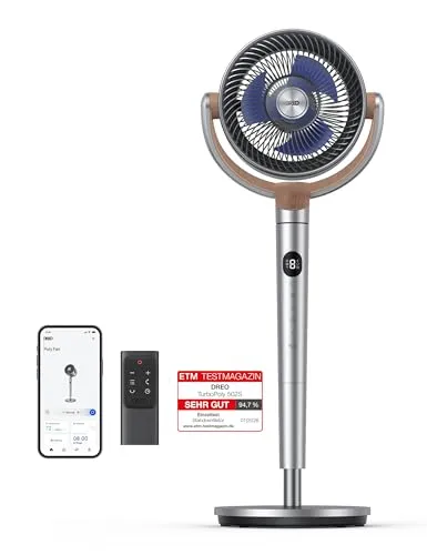 Dreo Smart Standventilator mit Wi-Fi und Sprachsteuerung - Der Dreo PolyFan bietet 8 Geschwindigkeiten, 6 Modi und 120° Oszillation für optimale Luftzirkulation. Ideal für Schlafzimmer und Büros, extrem leise mit nur 20 dB und höhenverstellbar für maximalen Komfort.