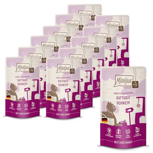 MjAMjAM Quetschie - Premium Nassfutter für Katzen mit saftigem Schwein, 12er Pack - Getreidefreies Nassfutter in praktischen 125g Portionsbeuteln. Hoher Fleischanteil und Monoprotein für artgerechte Ernährung. Regional und mit geprüfter Qualität.