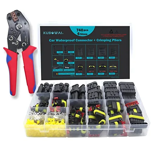 KUBOWAI 740 Stück Kfz Stecker Wasserdicht Kit - Anschlussklemmen & Kits, 740-teiliges Set mit hochwertiger Crimpzange, ideal für die wasserdichte Verbindung in Autos, Lkw, Motorrädern und mehr.