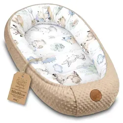 Nestchen Baby - Vielseitiges Minky Babynest für Neugeborene in Beige/Weiß - Kuschelnest für Babys, das Geborgenheit bietet und sich leicht anpassen lässt. Ideal für Zuhause und unterwegs. Waschbar bis 30 Grad und doppelseitig verwendbar.
