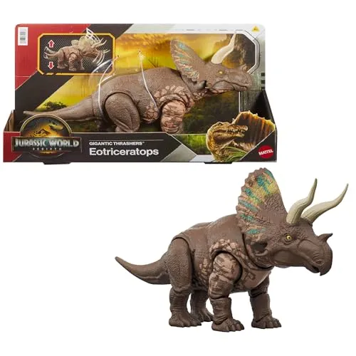 Mattel Jurassic World: Gigantic Thrashers Eotriceratops Dinosaurier-Spielzeug - Dinosaurier & prähistorische Kreaturen für Kinder – Mit 2 aktivierbaren Wutattacken und digitalem Spiel für ein interaktives Erlebnis!