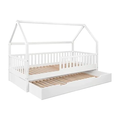 Ehrenkind® Hausbett Buche | FSC® Zertifiziert | Kinderbett mit Rausfallschutz | höhenverstellbar Massivholz inkl. Lattenrost | Kinder Bett | Hausbett 200x90 | weiß mit Bettkasten