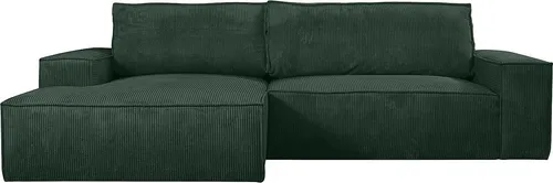 Ecksofa mit Schlaffunktion AMELIA - Tannengrün - Cord - Schlafsofa mit Bettfunktion und Stauraum, ideal für 4 Personen. Der elegante Cordstoff und das bequeme Sitzgefühl machen es zum perfekten Möbelstück für Ihr Wohnzimmer.
