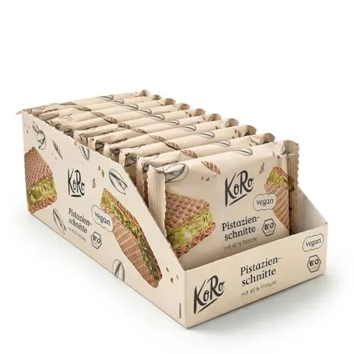 KoRo - Bio Pistazienschnitte mit 45% Pistazie 12 x 22 g- Crunchy Waffelschnitte - Mit Pistazienfüllung und weißem Kakaoerzeugnis - Vegan