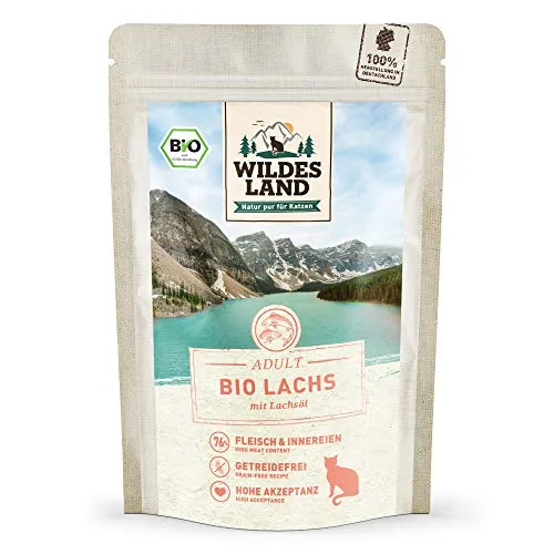 WILDES LAND – Lachs | Nassfutter mit extra hohem Fleischanteil und natürlichen Zutaten für ausgewachsene Katzen. Getreidefreies Alleinfutter ohne Zusatzstoffe in der Dose | 12x85g Lachs