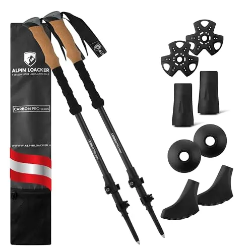 ALPIN LOACKER Teleskop Wanderstöcke Carbon mit Korkgriff - Leichte Wanderstöcke aus bruchsicherem Carbon, ideal für Damen und Herren. Extrem stabil und einstellbar von 105 bis 135 cm, perfekt für Skifahren und Wandern.