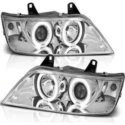 Scheinwerfer Angel Eyes für BMW Z3 (96-02) Chrom - Stylische Chrom-Scheinwerfer mit integrierten Standlichtringen für BMW Z3 Roadster und Cabrio (96-02). Einfache Montage, inklusive H1 Leuchtmittel und E-Prüfzeichen für rechtssicheren Einsatz.