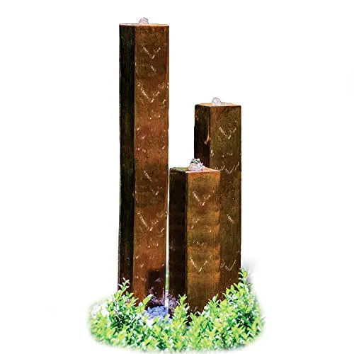 Köhko Säulenbrunnen Brasilien in Edelrostoptik - Moderne Brunnenanlage mit drei asymmetrischen Säulen (65-125 cm) und wasserdichten LED-Ringen, ideal für Garten, Balkon oder Terrasse, schafft eine entspannende Wohlfühloase.