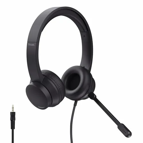 Trust Roha II PC Headset mit Mikrofon On-Ear 3.5mm, Leichtes Design, Kopfhörer mit Kabel 1,80 m, Verstellbarer Kopfbügel, Headphones für Office Chat Skype Teams Videokonferenz Zoom, Schwarz