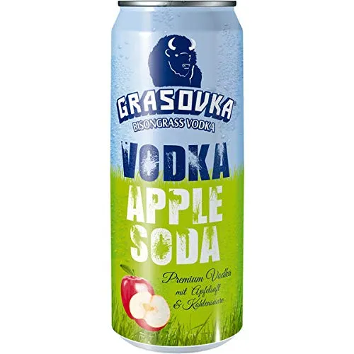 Dosen Grasovka Apple Soda - Erfrischender Cocktail mit 25% Bisongrass Vodka und 50% Apfelsaft, ideal für gesellige Anlässe. 10% Vol. und inklusive 3,00€ Einwegpfand.