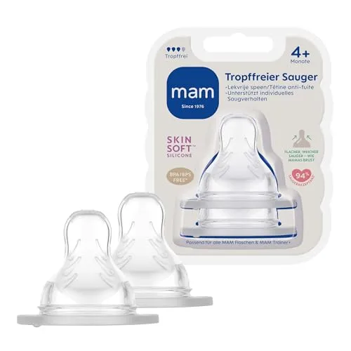 MAM Sauger tropffrei im Doppelpack, Flaschensauger (Durchflussrate schnell und tropffrei), weicher Trinksauger passend für Flaschen/Trainer, ab 4+ Monate