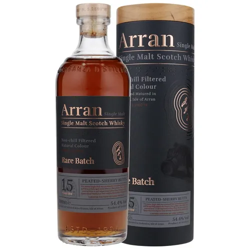 Arran 15 Jahre - Rare Batch - Peated Sherry Butts - Single Malt Whisky - Limitierter Single Malt Scotch Whisky von der Isle of Arran, 54,4% Vol. Harmonische Kombination aus Rauch und Sherry-Süße, ohne Kühlfiltration und Farbstoffe.