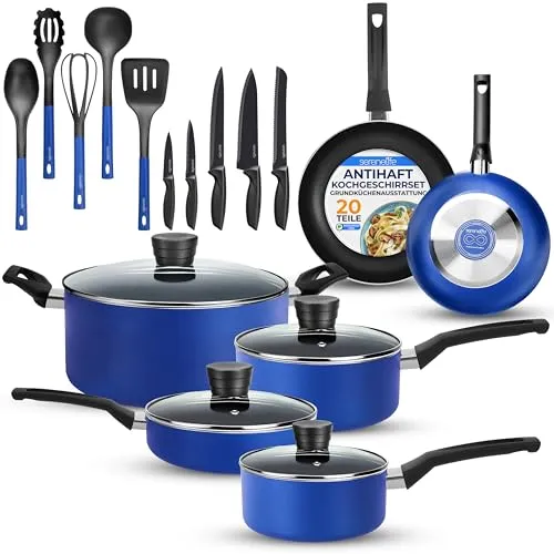 SereneLife Töpfe und Pfannen Set, Kochgeschirr Set 20-Teilig, Antihaft Cookware Set Inkl. Topfset, Pfannenset & Küchenzubehör, für Gas, Elektro & Keramik, PFOA/PFOS frei, Spülmaschinenfest, Blau