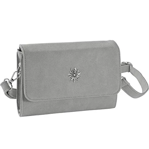 dressforfun Dirndl Tasche, Handtasche Damen mittelgroß, Trachten Mode, Trachtentasche Wildlederoptik, Edelweiß, Damen Tasche, Umhängetasche, Oktoberfest Accessoires, Damen-Schultertaschen - grau