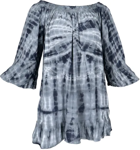 Guru-Shop Midikleid 3/4 Arm Batik Tunika, Minikleid, schulterfreie.. Festival, Ethno Style, Hippie, alternative Bekleidung, blaugrau