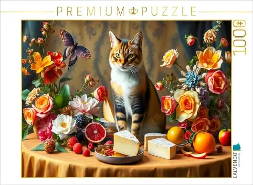 CALVENDO Puzzle Katze auf Tisch mit Blumen und Obst im Stil der Alten Meister | 1000 Teile Lege-Größe 64 x 48 cm Foto-Puzzle für glückliche Stunden