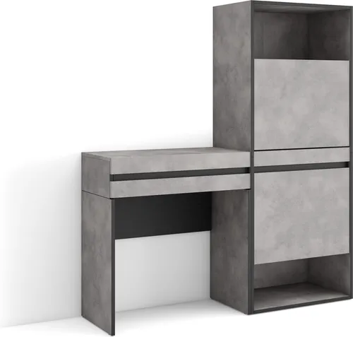 Konsolentisch Flurtisch 130x35x145 cm mit Schublade in Zementgrau - Vielseitiger Schuhschrank mit 2 Fächern und Falttüren zur optimalen Schuhorganisation. Multifunktionaler Tisch für Flur oder Schminkbereich, inklusive praktischer Schublade für kleine Utensilien.