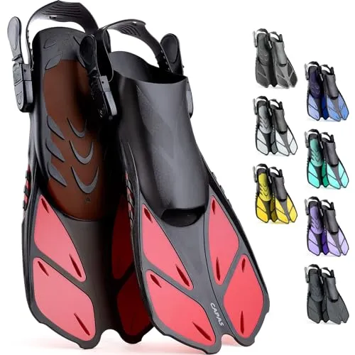 CAPAS Schnorchelflossen, Schwimmflossen Reisegröße Kurz Einstellbar zum Schnorcheln Tauchen Erwachsene Männer Frauen Kinder Offene Ferse Tauchflossen (Rot, L/XL)