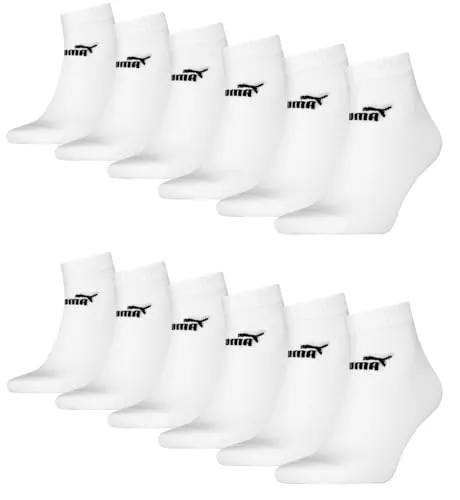 PUMA Unisex Quarter Socken Sneaker knöchelhoch 12er Pack, Farbe:002 - white - Praktisches 12er Pack Unisex Socken von PUMA, ideal für Sport und Freizeit. Hoher Tragekomfort durch gepolsterte Sohle und atmungsaktive Baumwollmischung. Sportliches Design mit dezentem PUMA-Logo.