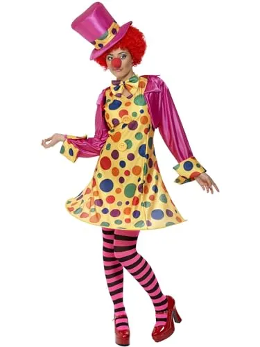 Clown Lady Costume (L) - Damen Clown Kostüm für Karneval und Halloween, inklusive Reifkleid, Hemd, Fliege und Hut. Leichtes Material für hohen Tragekomfort und einfaches An- und Ausziehen dank Reißverschluss. Ideal für Themenpartys!
