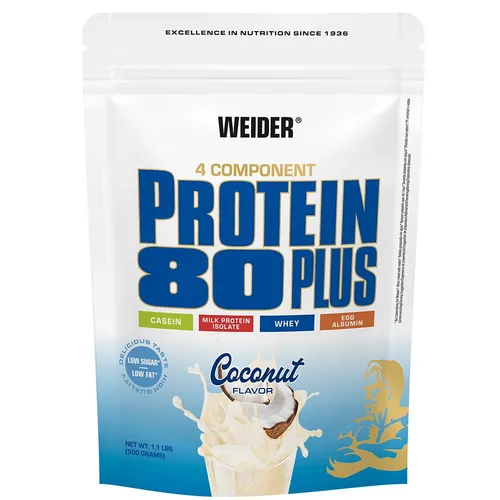 Weider Protein 80 Plus - 500g Beutel Coconut - Sportnahrung mit hochwertigem Mehr-Komponenten Protein, reich an BCAA's und ohne kollagenes Protein. Ideal für Muskelaufbau und Regeneration in leckerem Kokosgeschmack.