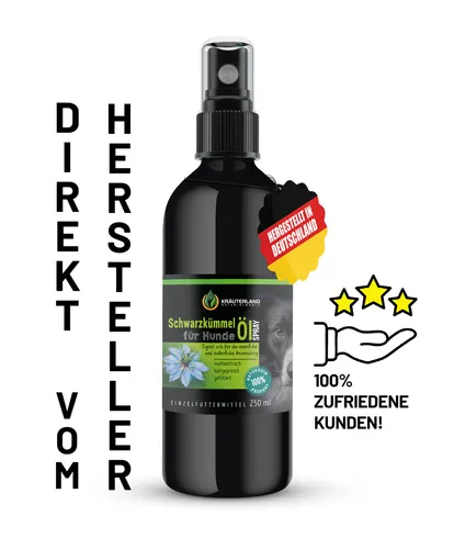 KRÄUTERLAND Schwarzkümmelöl für Hunde Spray 250ml, kaltgepresst, Fellpflege