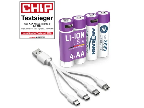 ANSMANN Akku Mignon AA 1800mAh - USB-C wiederaufladbar, CHIP-TESTIEGER für Controller, Spielzeug & mehr, 4er Pack
