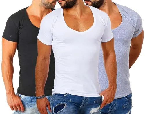 Young&Rich Herren Slimfit T-Shirt mit tiefem V-Ausschnitt – 3er Pack - Stylisches Slimfit T-Shirt in trendigen Farben mit extra tiefem V-Ausschnitt. Ideal als Basic-Oberteil oder Unterziehshirt, sorgt für optimalen Tragekomfort durch die bequeme Baumwoll-Mischung.