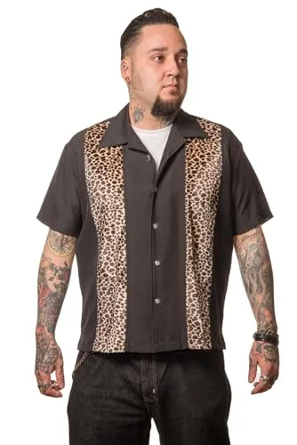 Steady Clothing Hemd Leopard Panel Schwarz Vintage Bowling Shirt Retro Rockabilly, Größe:M