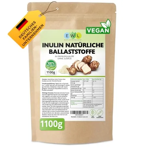EWL Naturprodukte Inulin Pulver 1100 g - Pflanzliches Ballaststoffpulver aus Chicoree - Unser Inulin Pulver aus der Chicorée-Wurzel überzeugt durch geprüfte Qualität. Ideal für die Zubereitung von Milchprodukten, Shakes oder Smoothies. 100% natürlich, glutenfrei, laktosefrei und vegan. Praktisch verpackt im wiederverschließbaren Beutel.