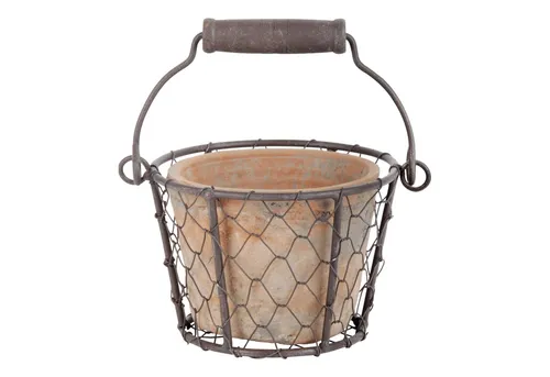 esschert design Übertopf Blumen Topf im Draht Korb Henkel Aged Terracotta rund Set Pflanzen