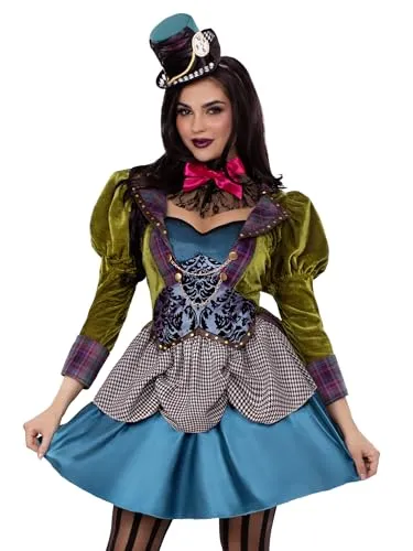 Leg Avenue Damen - Deluxe Mad Hatter Kostüm, Größe M (EUR 38) - Erotische Kostüme für Damen, luxuriöses High/Low Kleid mit Samt- und Satin-Mantel, ideal für unvergessliche Kostümpartys.