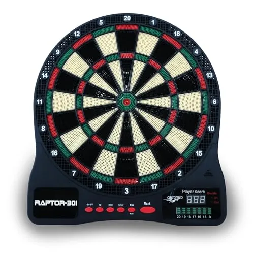 Carromco Dartscheibe elektronisch, 4-Loch, RAPTOR-301, rot-grün-beige-schwarz für 1-8 Spieler mit Pfeilen und Netzteil, mit 32 Spielen/570 Variationen (inkl. Cricket)