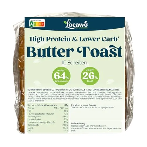 Locawo High Protein & Low Carb Butter Toast | Eiweißbrot | 10 Scheiben | Voller Weizengeschmack | Vegan | ideal für eine eiweißreiche, kalorien- und zuckerreduzierte Ernährung