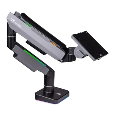 Thermaltake Single RGB Monitor Arm - Hochwertiger Monitorarm für Monitore bis 49", mit 20 RGB Leuchtmodi und flexibler Neigung für ergonomisches Arbeiten.