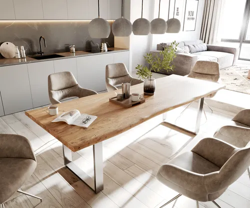 DELIFE Esstisch Edge 260x100 Akazie Natur Edelstahl - Esstisch aus robustem Akazienholz mit einzigartiger Baumkante. Jedes Stück ist ein Unikat und sorgt für eine einladende Atmosphäre. Elegantes Edelstahlgestell für stilvolle Akzente.