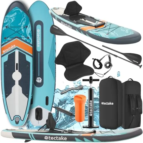 tectake® SUP - Aufblasbares Stand Up Paddle Board mit Zubehör - Aufblasbares Stand-Up Paddle Board, inklusive Pumpe, Doppelpaddel und Rucksack. Mit außergewöhnlicher Kippstabilität und einem 3-Finnensystem für optimale Spurtreue, ideal für Wassersport und Paddling.
