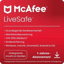 McAfee LiveSafe - 1 Jahr, Download für Windows, Mac, Android, iOS - Umfassende Sicherheitssoftware für mehrere Geräte, schützt Ihre Daten und sorgt für sicheres Surfen im Internet.