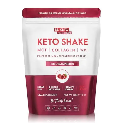 Be Keto Diet Shake Wilde Himbeere 500g | Mahlzeitenersatz mit MCT-Öl & Kollagen | Nur 74 kcal, 14g Protein, 1,4g Kohlenhydrate | 25 Portionen | Low Carb Eiweißpulver zum Abnehmen | Ohne Zuckerzusatz