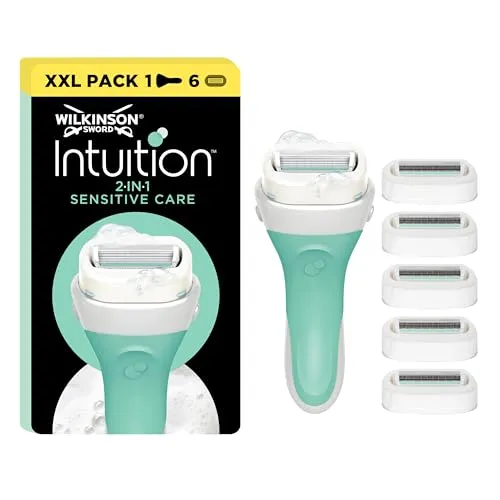 Wilkinson Woman Rasiermesser Advantage XXL Intuition Sensitive Care Set 6 Klingen - Epilierer, Multitasking-Rasiersystem für eine komfortable Rasur - schäumt, rasiert und befeuchtet in einem Schritt mit Aloe Vera und Vitamin E.