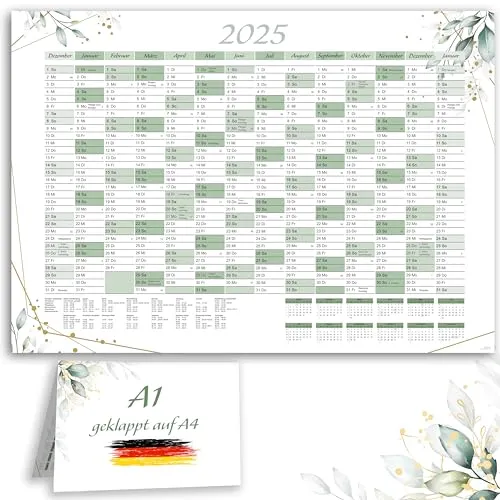 XXL Jahreskalender 2025 + Januar 2026 Jahresplaner in A1 im schönen Eukalyptus Blätter Design mit Ferien und Feiertagen Wandkalender Wandplaner Kalender Planer gefaltet gefalzt