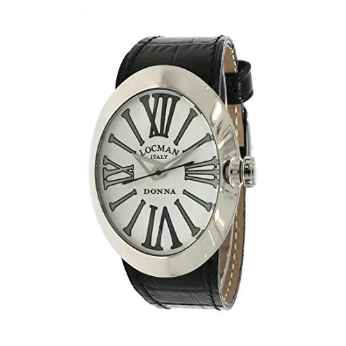 Locman Italy Damenuhr Donna Ref. 0410 - Schwarz/Silber - Elegante Damenarmbanduhr von Locman Italy, Modell Donna. Mit robustem Edelstahlgehäuse und schickem Lederarmband ist sie ideal für jeden Anlass. Wasserdicht bis 50 Meter und in hochwertiger Verpackung geliefert.