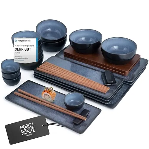 Moritz & Moritz Tafelservice 29tlg - Sushi Teller Set für 4 Personen - Tafelservice für Sushi-Liebhaber: 29-teiliges Set in Schwarz-Blau mit allem, was Sie für ein stilvolles Sushi-Dinner benötigen - ideal für 4 Personen!