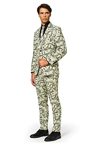 Opposuits Cashanova Anzug - Ausgefallenes Dollar Kostüm für Karneval und Halloween - Partyanzüge für Männer mit schrillem Dollar-Design, hochwertigem Schnitt und ideal für Mottopartys, Junggesellenabschiede oder Festivals. Setzt ein modisches Statement!
