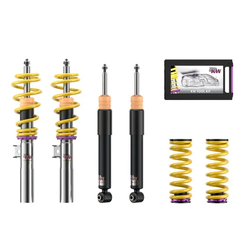 KW Gewindefahrwerk V1 inox für BMW 3ER TOURING [F31] - Hochwertiges Gewindefahrwerk aus Edelstahl für verbesserte Fahrdynamik. Individuelle Tieferlegung von 25-60 mm, geeignet für Fahrzeuge mit elektronischer Dämpferregelung. Mit Teilegutachten für einfache Eintragung.
